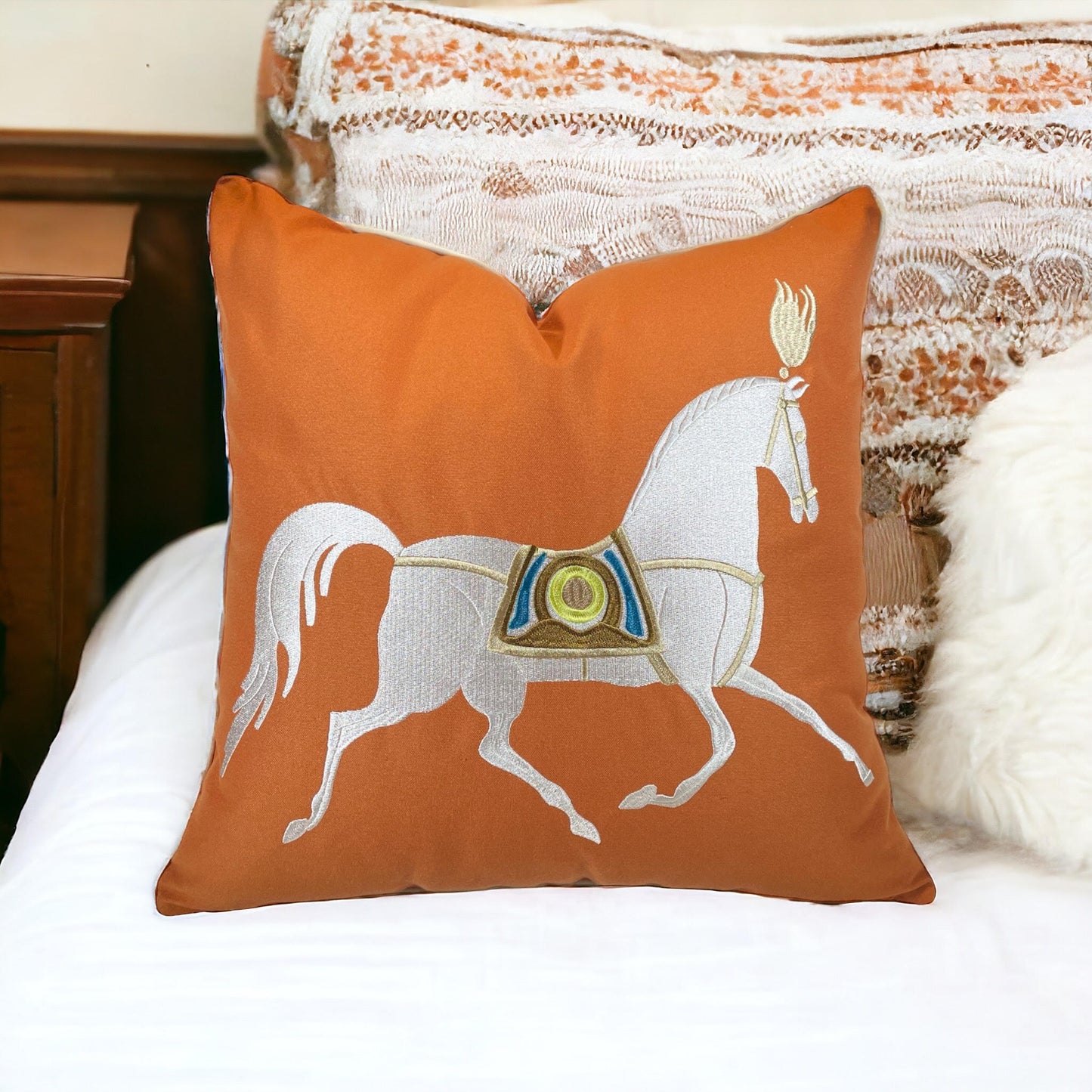 Embroidered Horse Pillow Cover